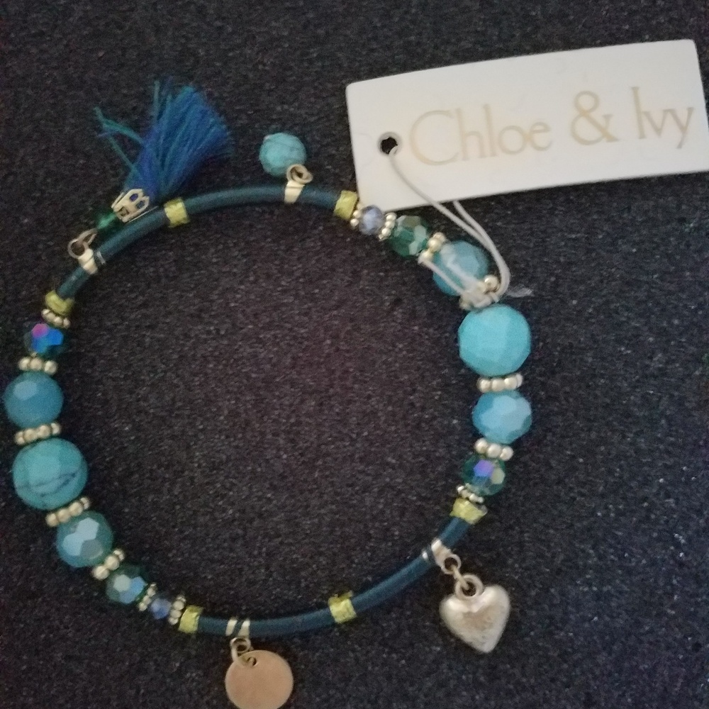 blue crystal and gold charms stretch bracelet